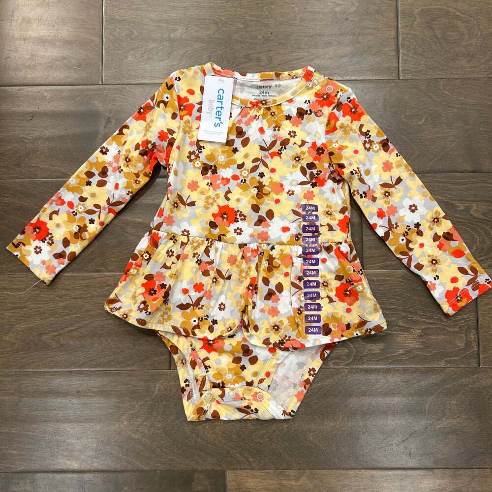 Carters Baby Girl 24M Floral Long Sleeve Peplum Bodysuit Orange Yellow Brown NWT
